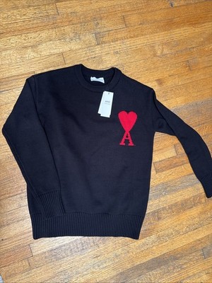 AMI Paris Black Red Heart Logo Knit Sweater Mens XL New