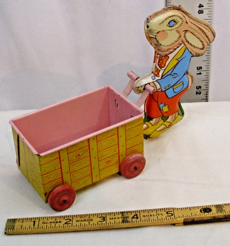 OHIO ART EASTER BUNNY PUSHING CART TIN TOY 1950s