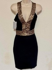 Dress the Population Rylee Black Copper Sequin Plunge Dress Size XS #40 NWT