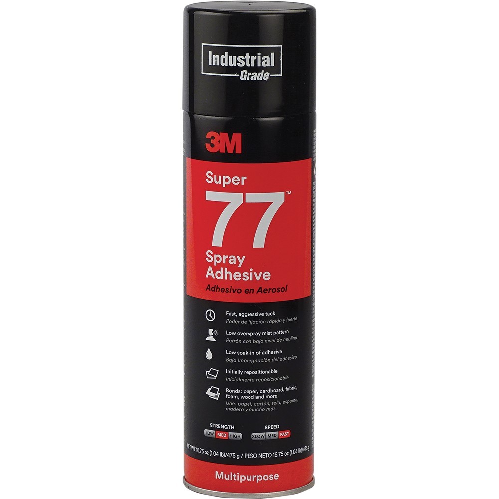 White 3M Super 77 industrial adhesive spray bottle with black cap, yellow text, and blue oval label featuring product details.