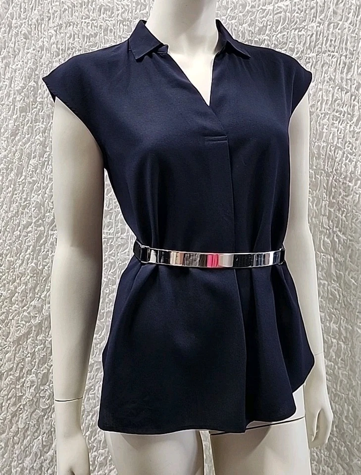 UNI QLO XS 8 Navy Comfy SHIRT Top Relaxed Blouse V-neck Pleat Lightweight #A5 - image 3 of 4