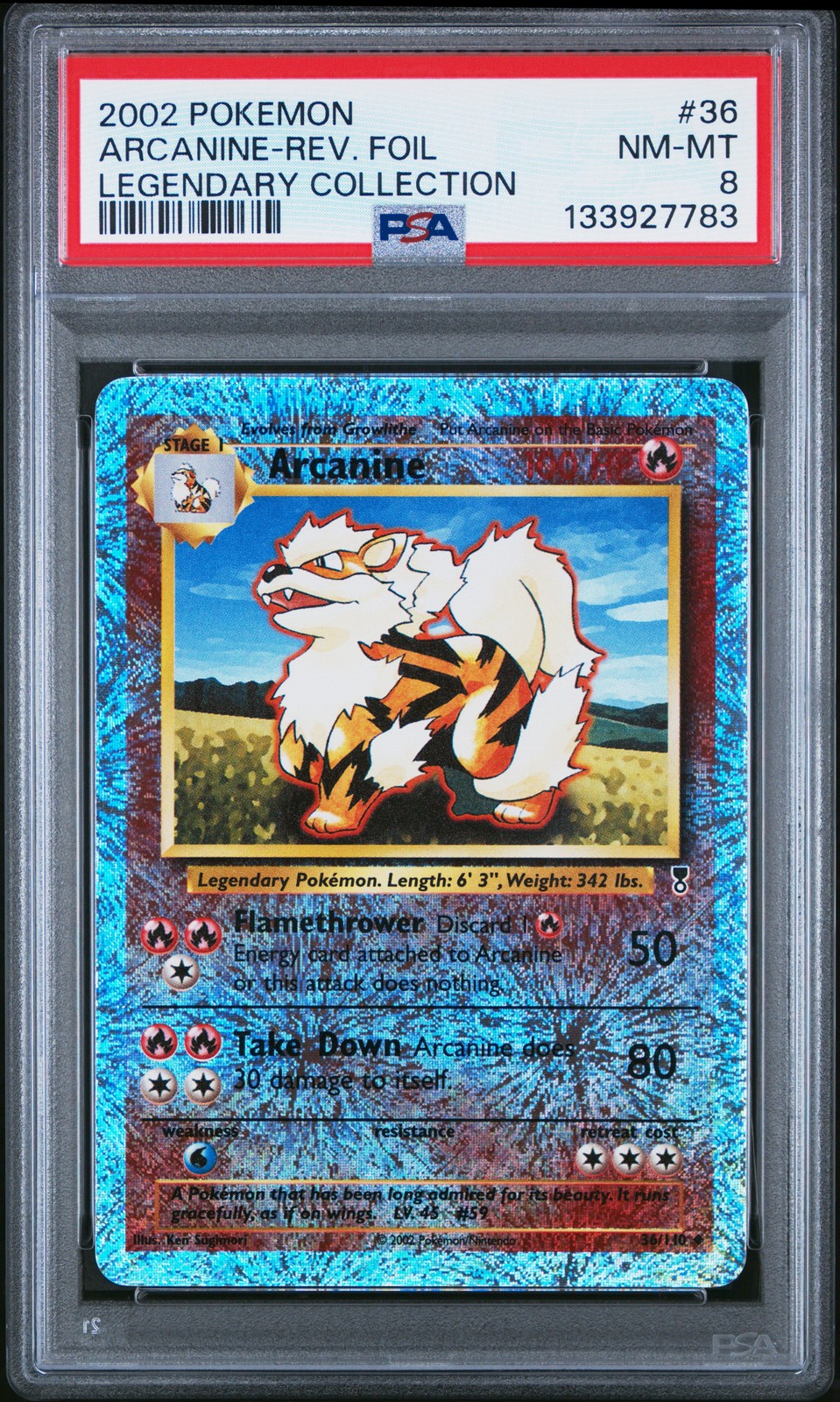 2002 POKEMON LEGENDARY COLLECTION #36 ARCANINE-REVERSE FOIL PSA 8