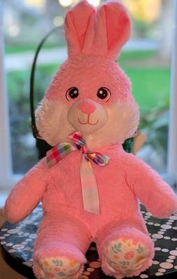 Homerbest Pink Plush Easter Bunny 16'' Soft Textured Fur Kawaii Eyes Plaid Bow