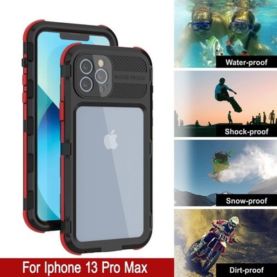 iPhone 13 Pro Max Wasserdichte Hülle - IP68 Robust Metall Bumper Cover Schwarz Rot