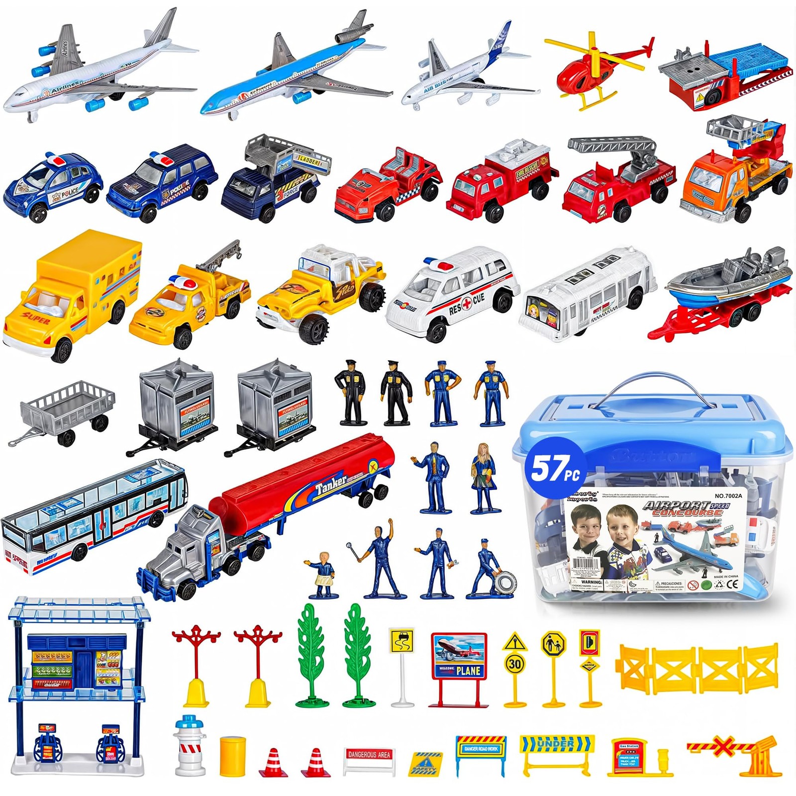 57 PCS Commercial Airport Playset with Airplane Toys, Play Vehicles, Fire Tru...