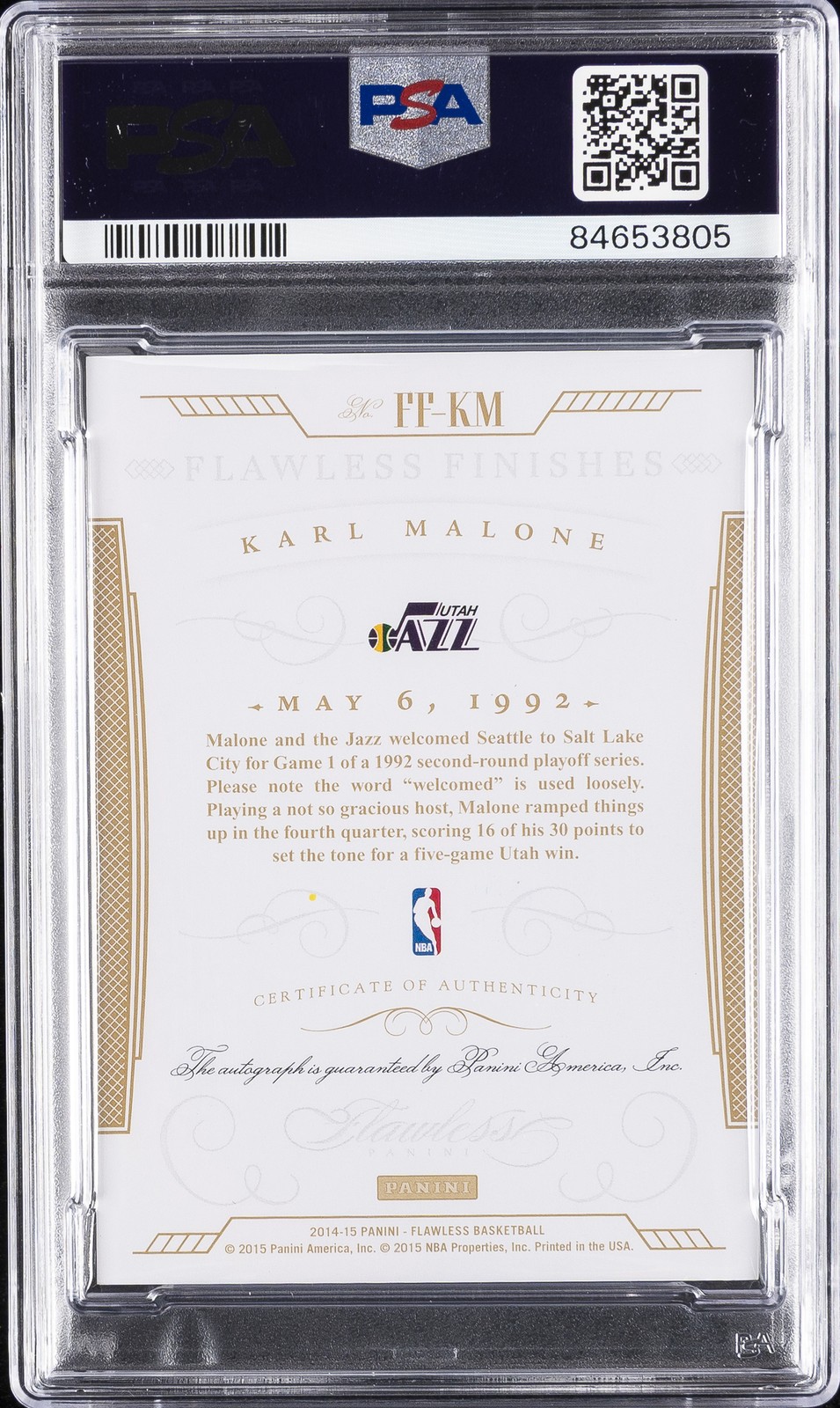 2014 PANINI FLAWLESS FLAWLESS FINISHES AUTO GOLD KARL MALONE 9/10 PSA 9 AUTO view 2