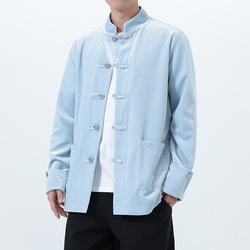 Retro Chinese Style Velvet Men Stand Collar Button Jacket Tang Suit Coat Outwear