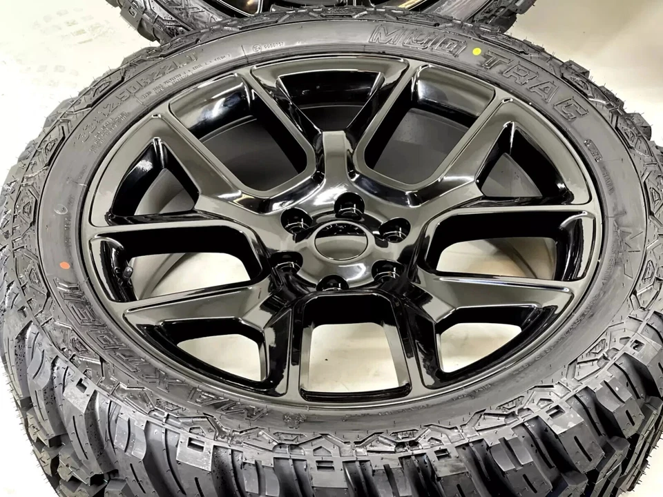 22" RAM SRT GLOSS BLACK WHEELS RIMS 33" MT TIRES DODGE LARAMIE 1500 HEMI MOPAR - Image 3 of 4