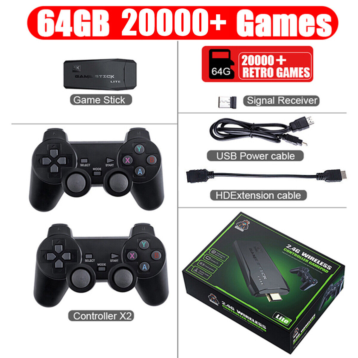 HDMI 4K TV Game Stick Console Built-in 64GB 20000+Retro Games+2 Wireless  Gamepad