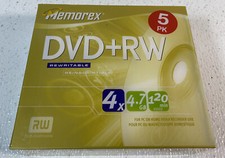 New Memorex 5-PACK DVD-RW Recordable Discs 4X 4.7GB 120Min in Cases ,Sealed