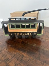 Antique Original Cast Iron Train Trolley Car  14 With Green  Yellow Paint