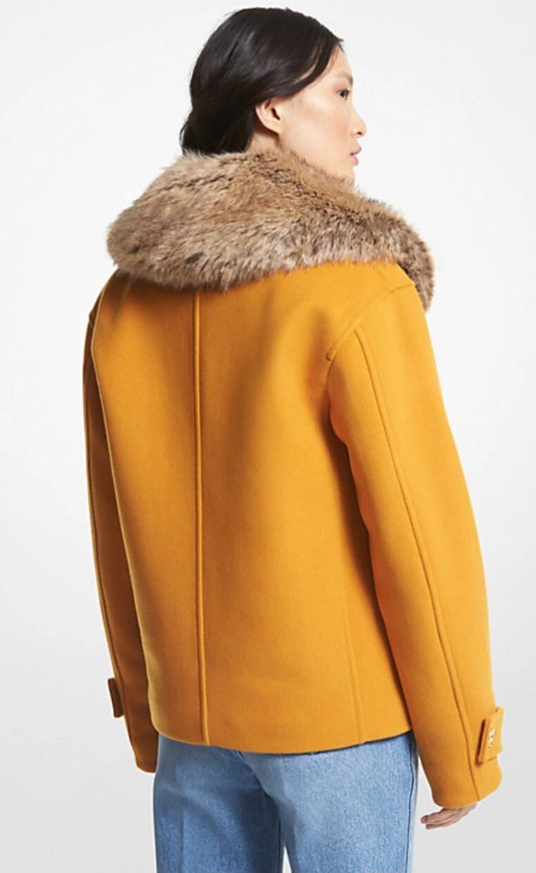 Michael Kors Pavone doppiopetto misto lana con bordo in pelliccia sintetica taglia UK XL