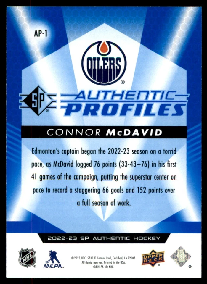 2022-23 SP Authentic Profiles Blue Connor McDavid #AP-1 - Image 2 of 2
