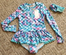 NWT GRACE KARIN 2 pc Long Sleeve Zip Front MERMAID COLORFUL SWIM SUIT  HAIR TIE