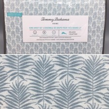4pc Tommy Bahama Fronds Dusty Blue Palm Leaves KING Sheet Set Tropical Hawaiian