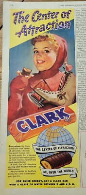 1947 Clark candy bar girl curly hair ice skates vintage ad