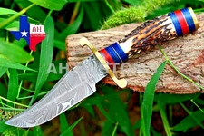 CUSTOM HANDMADE DAMASCUS STEEL HUNTING SKINNING KNIFE STAG HORN HANDLE SURVIVAL
