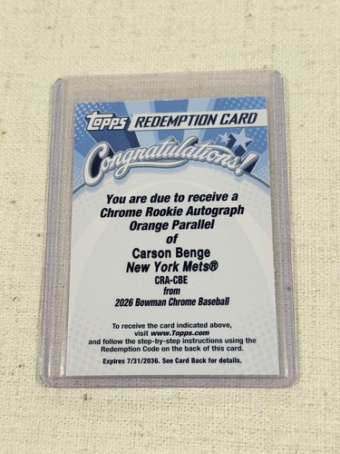 2026 Bowman Chrome Carson Benge Orange Refractor Auto /25 Rookie Mets