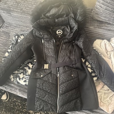 Michael Kors Logo Leopard Belted Hooded Down Puffer Coat Black