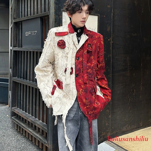 Spring 3D Flower Mens Button Blazer Coat Loose Fit 2 Buttons Long Sleeve Outwear