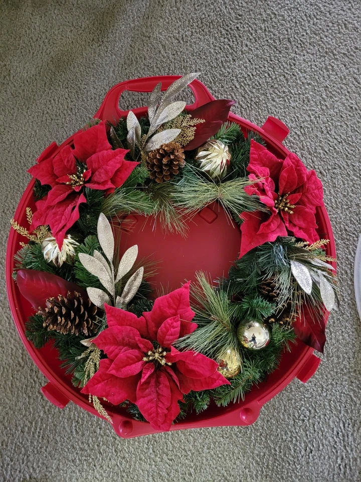 24" PreLit Christmas Wreath with Poinsettias, Pinecones, Ornaments  Storage Box. - Image 2 of 4