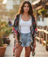 Flying Tomato Floral Open Front Kimono Women's M/L Boho Chic Festival Whimsigoth