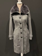 Burberry London Fur Trim Belted Long Coat Cashmere Blend Gray S FB AAA