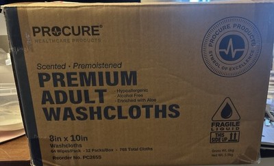 Procure PC265S 8''X10'' Premium Adult Washcloths Wipes Disposable 12 Packs of 64