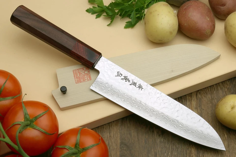 Cuchillo de chef japonés multiusos Damasco Santoku martillado 46 capas VG10 (7"... Foto 2 de 4