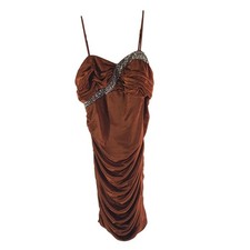 Hailey Logan Adrianna Papell Formal Dress Ruched Satin Rhinestone Copper Brown L