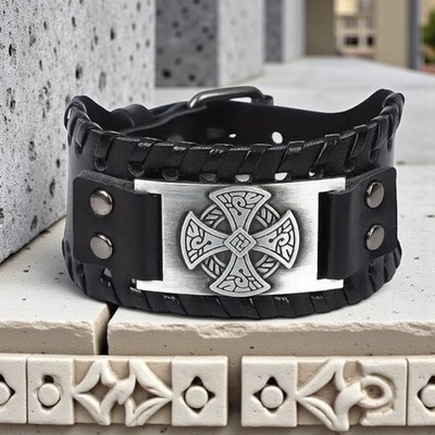Monas Wikinger Medaillon Herren Armband Leder Edelstahl Dornschließe Gürtel Silb