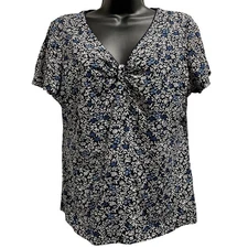 Charter Club Blue White Floral Short Sleeve Blouse Size Large