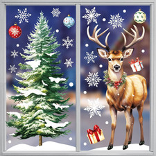 Large Christmas Window Clings, Xmas Window Stickers Reindeer Christmas Tree Snow