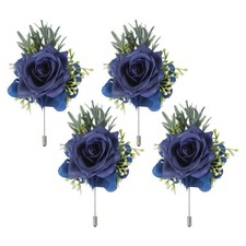 4 Pcs Blue Boutonnieres for Men, Artificial Flower Buttonholes Pocket