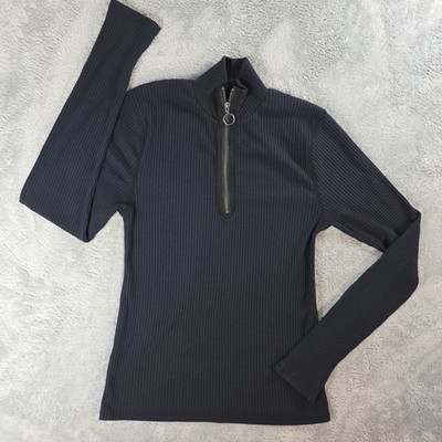 Abercrombie & Fitch Womens Medium Navy Blue Ribbed Quarter Zip Mock Neck Top