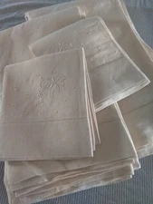 ANTIQUE Hand EMBROIDERED FRENCH LINEN FLAT SHEETS AND PILLOWCASES 70x114 Inches