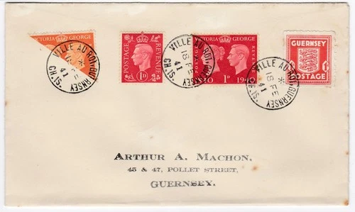 1941 GUERNSEY FDC WITH KGVI 2D BISECT AND "VILLE AU ROI" POST MARKS AS SHOWN.