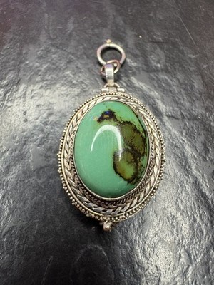 (13.67g) Vintage Turquoise Poison Pill Box Locket Pendant .925 Silver Stamped! 