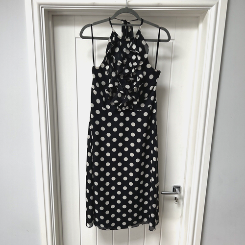 Monsoon Dress Women's UK 14 Black White Polka Dot Fit & Flare Midi Silk Lined