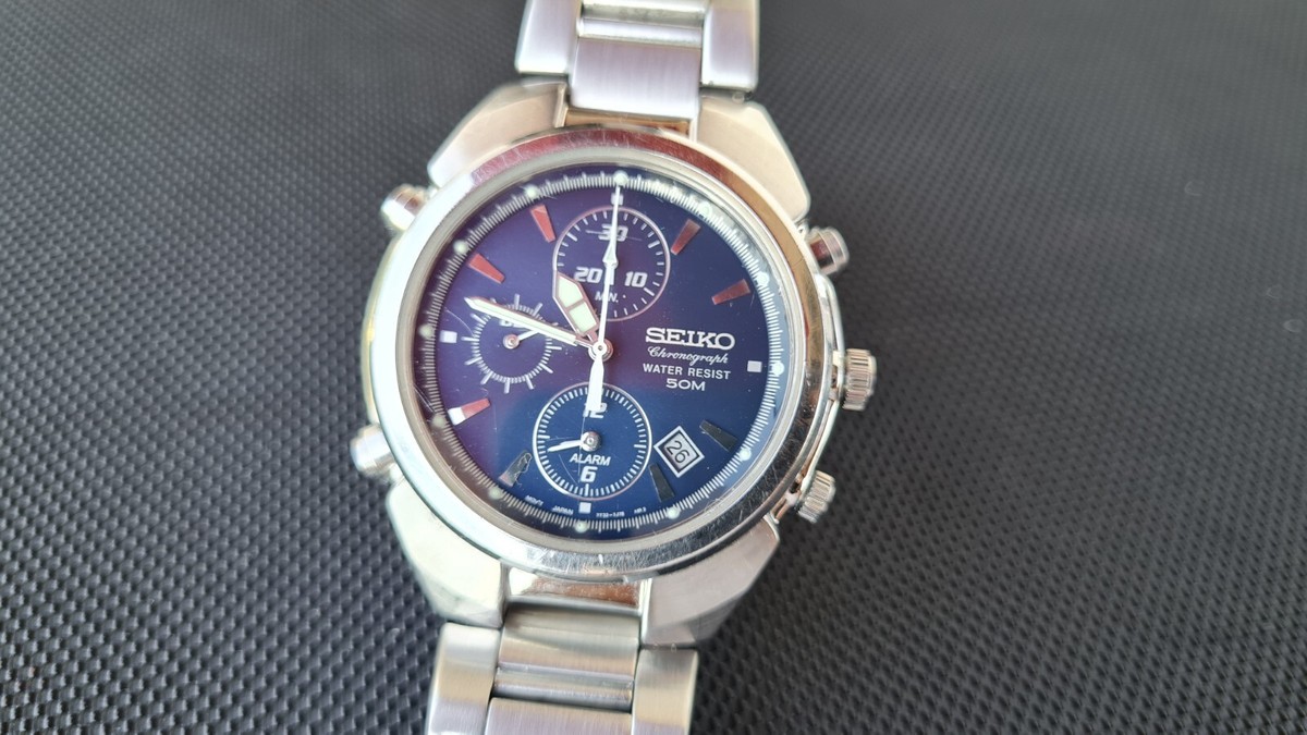Seiko Chronograph 7T32-7G00 Quartz Navy Dial Date Alarm Mens Watch