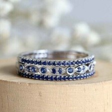 2Ct Round Cut Lab Created Blue Sapphire Trio Band Ring Set 14K White Gold Plated