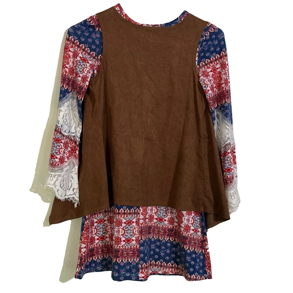 Vestido Amy Byer Marrón Chaleco Encaje Rojo Azul Cachemira Manga 3/4 Western 2 Piezas 10 Foto 2 de 4