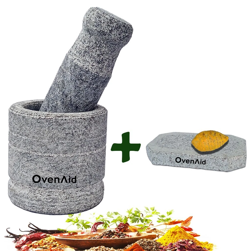 OvenAid 4" Stone Mortar & Pestle, Ohkli Musal, with Turmeric Rubbing Stone