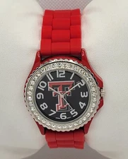 Ladies Texas Tech University Rhinestones Black Dial Red Case Jelly Band Watch I4