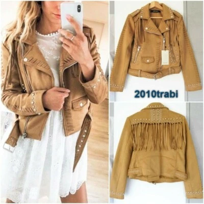 ZARA CAMEL FAUX SUEDE BIKER JACKET WITH FRINGING & STUDS SIZE M - Image 1 of 4