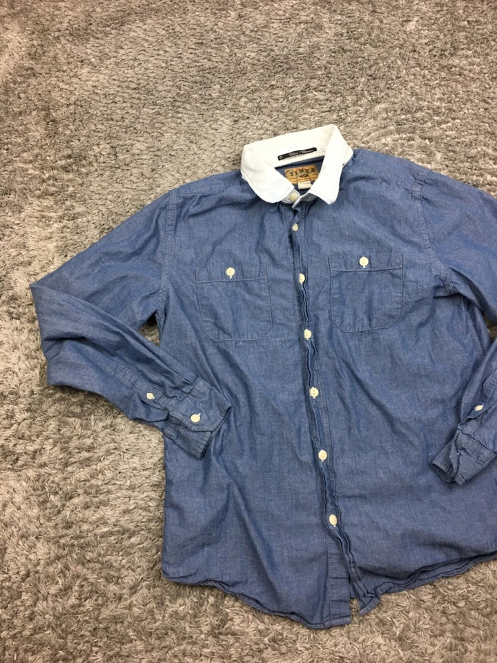 Camisa vaquera 21 con botones para hombre talla pequeña azul blanco cuello manga larga 21 Foto 3 de 4