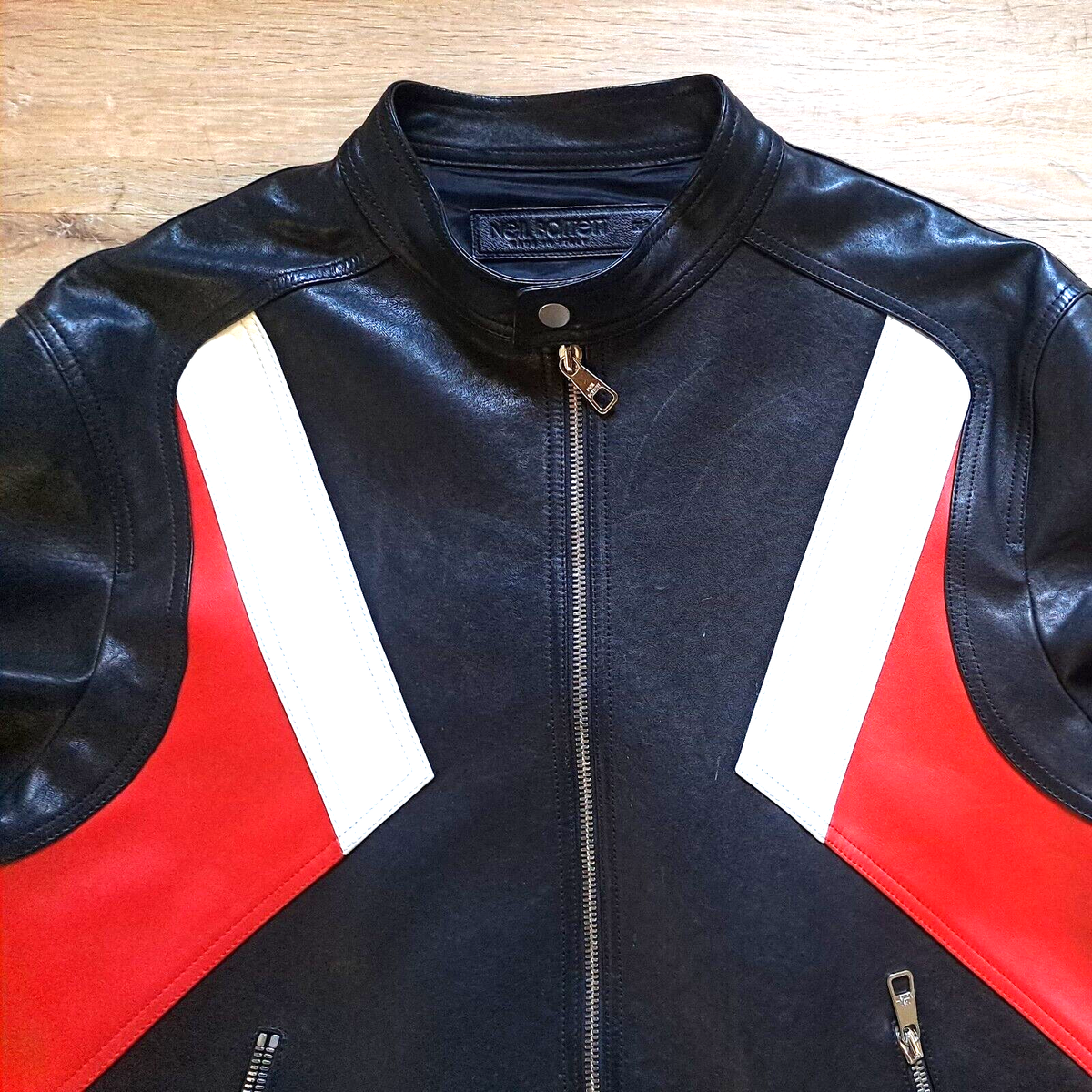 Neil Barrett Leather Moto Jacket Xl red black white