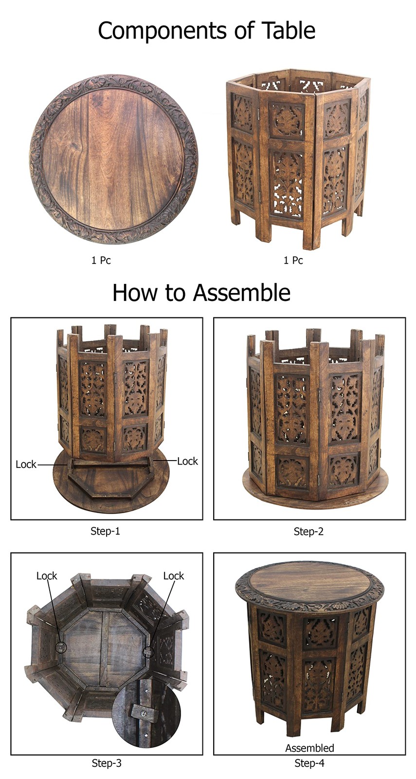 Solid Wood Accent End Table - Hand Carved Vintage Boho Folding Side Table - S...