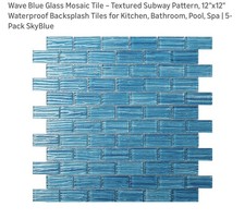 5 Piwces Wave Blue Glass Mosaic Tile Textured Subway Pattern, 12"x12" Waterproof