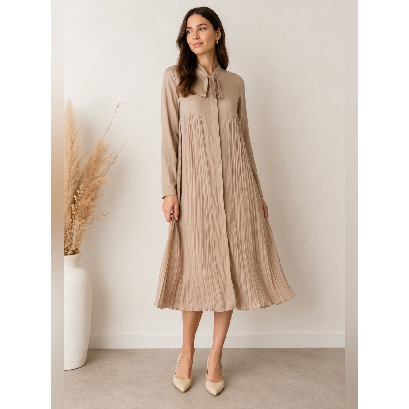 ADEPTT Handmade Pleated Midi Dress Beige Taupe Long Sleeve Tie Neck Size S
